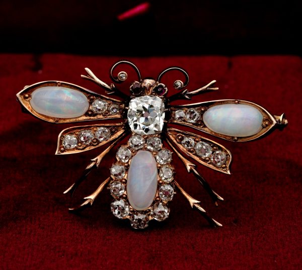 Antique Victorian Opal and Diamond Bee Brooch Pendant