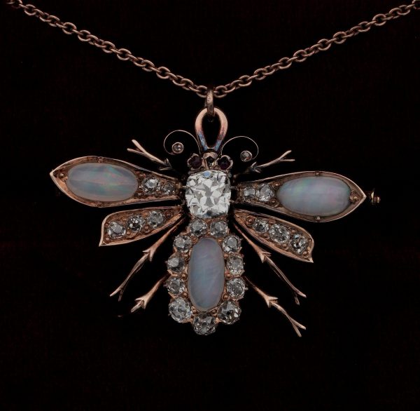 Antique Victorian Opal and Diamond Bee Brooch Pendant