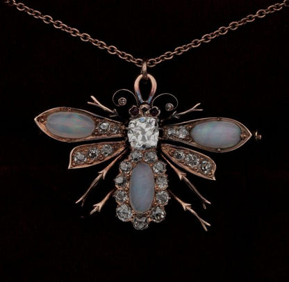 Antique Victorian Opal and Diamond Bee Brooch Pendant