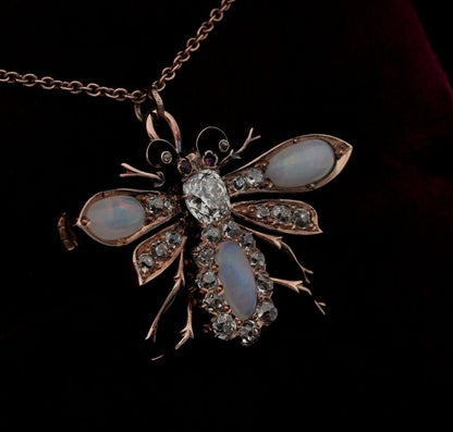 Antique Victorian Opal and Diamond Bee Brooch Pendant
