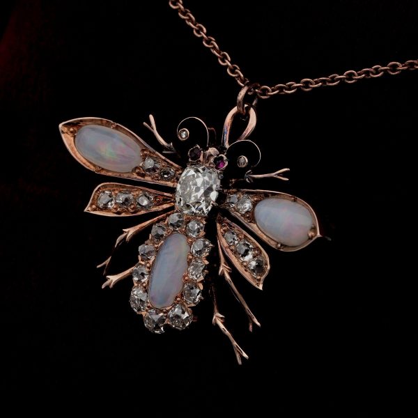 Antique Victorian Opal and Diamond Bee Brooch Pendant