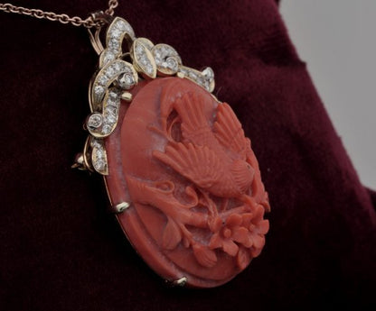 Vintage Carved Bird Coral and Diamond Large Pendant Brooch