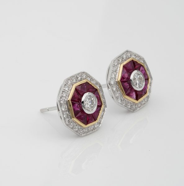 Art Deco Style 1.40ct Natural Ruby and Diamond Target Stud Earrings