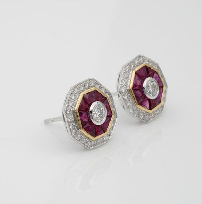 Art Deco Style 1.40ct Natural Ruby and Diamond Target Stud Earrings