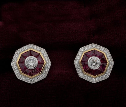 Art Deco Style 1.40ct Natural Ruby and Diamond Target Stud Earrings