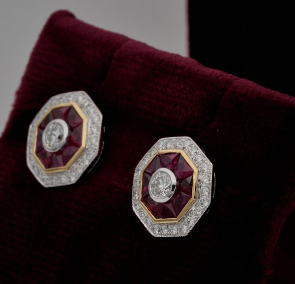 Art Deco Style 1.40ct Natural Ruby and Diamond Target Stud Earrings