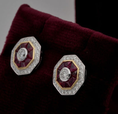 Art Deco Style 1.40ct Natural Ruby and Diamond Target Stud Earrings
