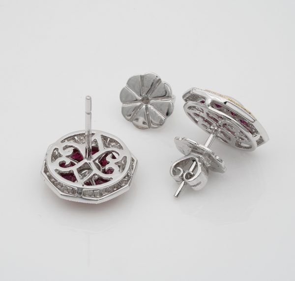 Art Deco Style 1.40ct Natural Ruby and Diamond Target Stud Earrings