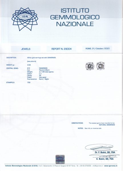 1.65ct Round Brilliant Cut Diamond Stud Earrings, IGN Certified