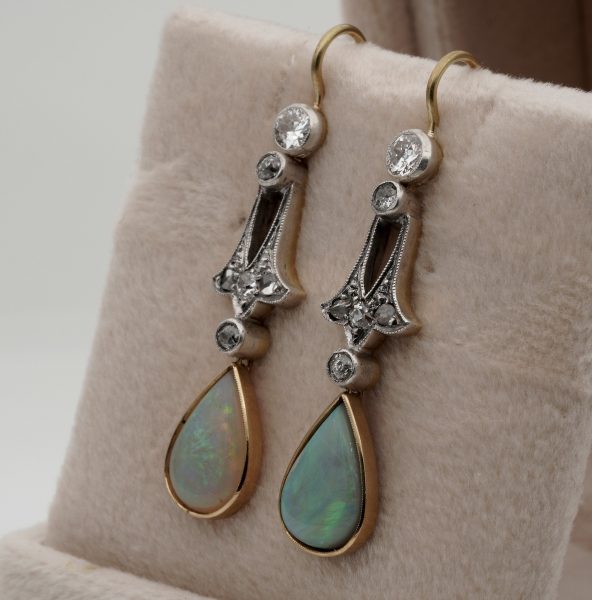 Antique Edwardian Opal and Diamond Silver on Gold Drop Earrings