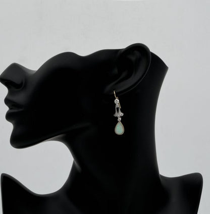 Antique Edwardian Opal and Diamond Silver on Gold Drop Earrings