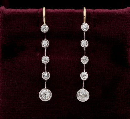 Antique Victorian 1.10ct Old Mine Cut Diamond Bar Line Drop Earrings