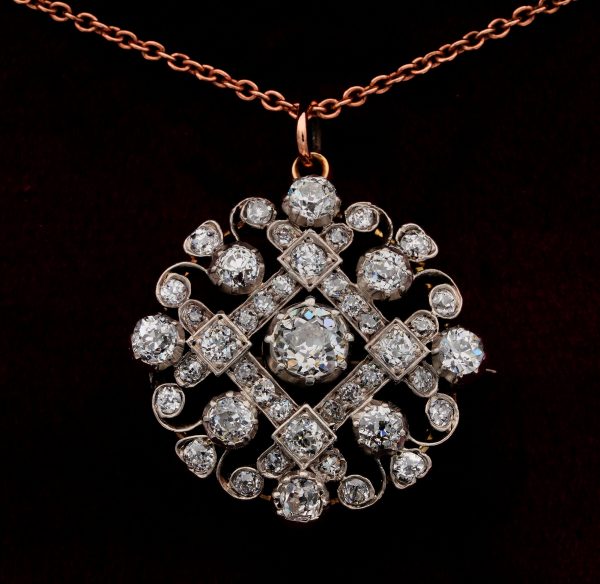 Antique Victorian 4ct Old Mine Cut Diamond Pendant Brooch