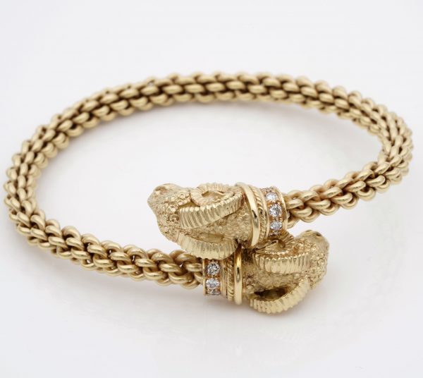 Vintage Etruscan Revival Style Rams Head Diamond Set Bangle