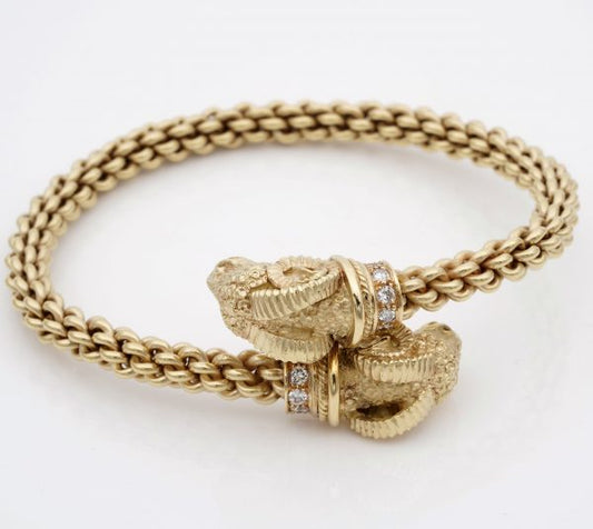 Vintage Etruscan Revival Style Rams Head Diamond Set Bangle