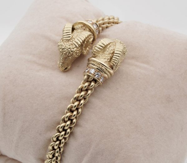 Vintage Etruscan Revival Style Rams Head Diamond Set Bangle