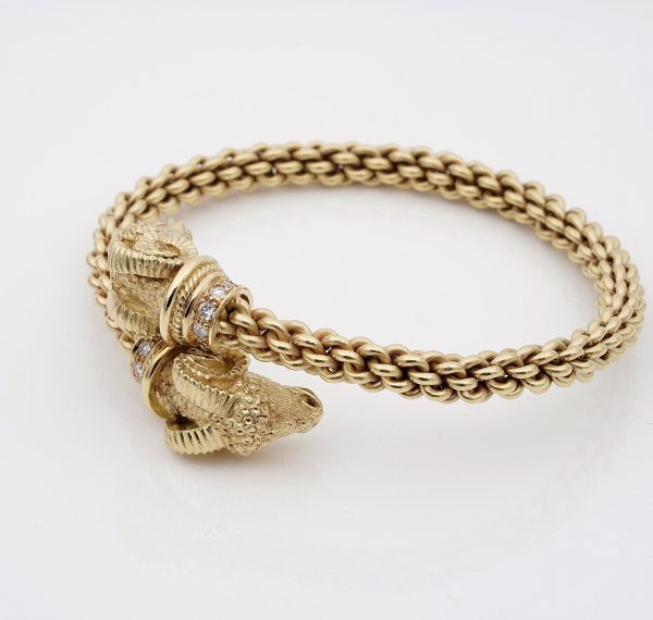 Vintage Etruscan Revival Style Rams Head Diamond Set Bangle