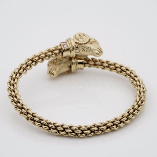 Vintage Etruscan Revival Style Rams Head Diamond Set Bangle