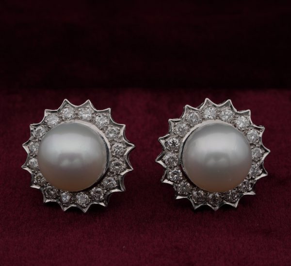 Vintage South Sea Pearl and 1.20ct Brilliant Cut Diamond Platinum Earrings