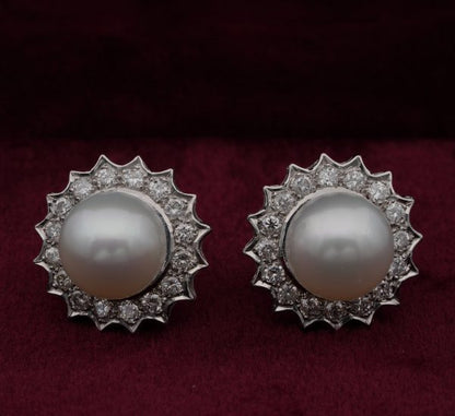 Vintage South Sea Pearl and 1.20ct Brilliant Cut Diamond Platinum Earrings