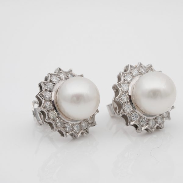 Vintage South Sea Pearl and 1.20ct Brilliant Cut Diamond Platinum Earrings
