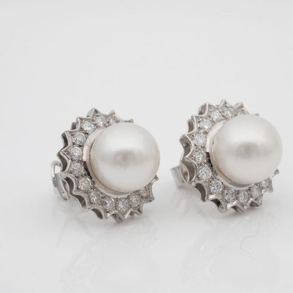 Vintage South Sea Pearl and 1.20ct Brilliant Cut Diamond Platinum Earrings