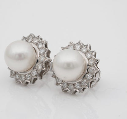 Vintage South Sea Pearl and 1.20ct Brilliant Cut Diamond Platinum Earrings