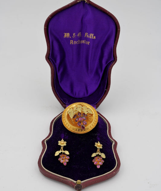 Antique Garnet 18ct Gold Carved Grape Earrings, Brooch Demi Parure