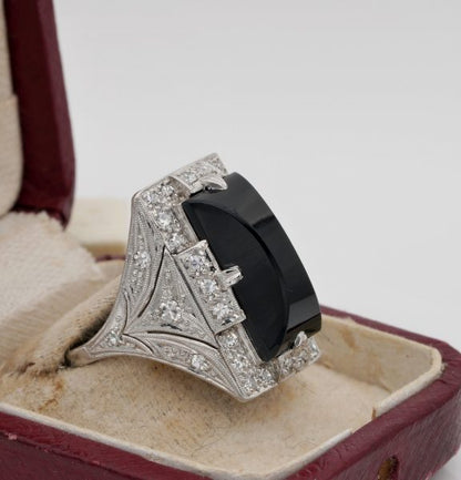 Vintage Art Deco Black Onyx Diamond Platinum Cocktail Ring