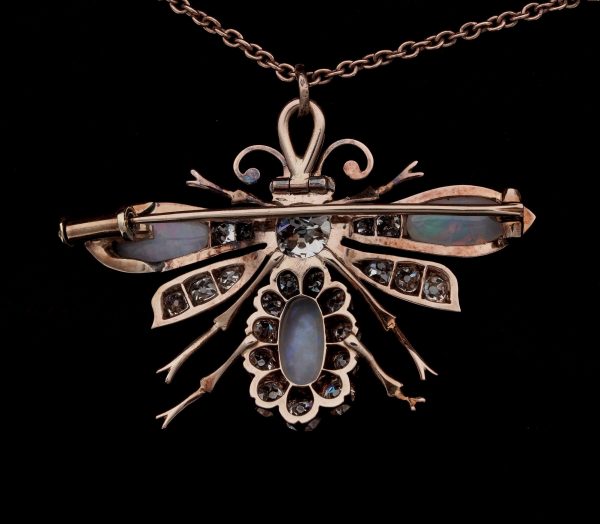 Antique Victorian Opal and Diamond Bee Brooch Pendant