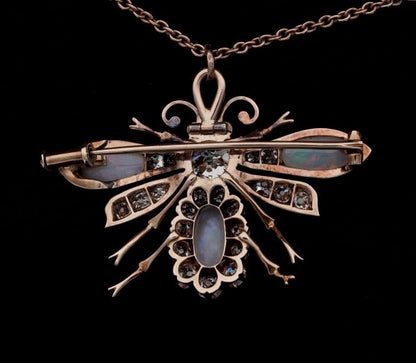 Antique Victorian Opal and Diamond Bee Brooch Pendant