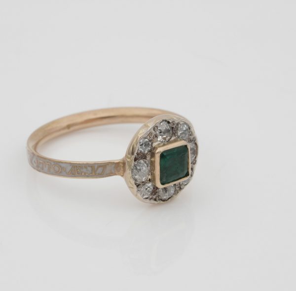 Antique Georgian Emerald Diamond Memorial 18ct Gold Ring, Circa 1770