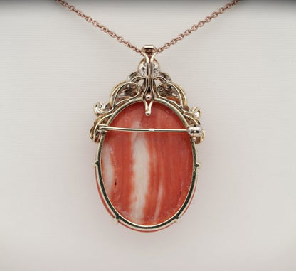 Vintage Carved Bird Coral and Diamond Large Pendant Brooch