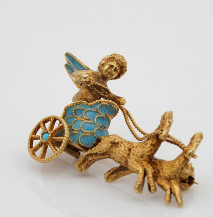 Vintage Italian Cherub on a Chariot 18ct Gold Brooch
