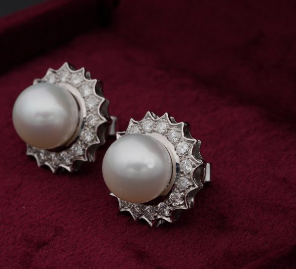 Vintage South Sea Pearl and 1.20ct Brilliant Cut Diamond Platinum Earrings