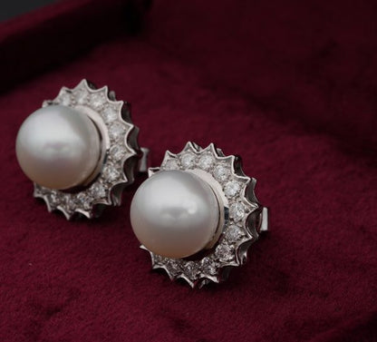 Vintage South Sea Pearl and 1.20ct Brilliant Cut Diamond Platinum Earrings