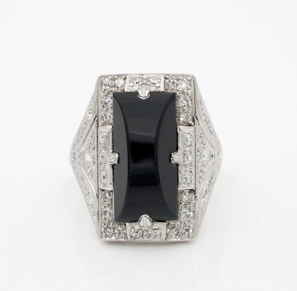 Vintage Art Deco Black Onyx Diamond Platinum Cocktail Ring