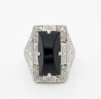 Vintage Art Deco Black Onyx Diamond Platinum Cocktail Ring