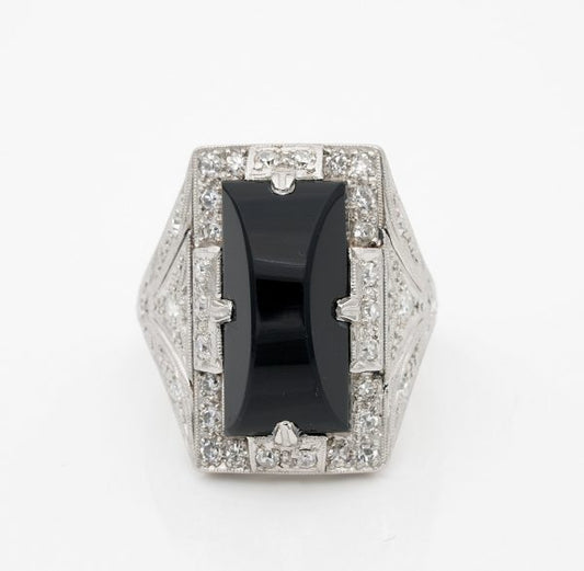 Vintage Art Deco Black Onyx Diamond Platinum Cocktail Ring