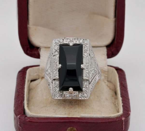Vintage Art Deco Black Onyx Diamond Platinum Cocktail Ring