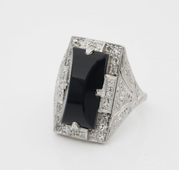 Vintage Art Deco Black Onyx Diamond Platinum Cocktail Ring