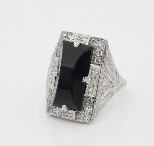 Vintage Art Deco Black Onyx Diamond Platinum Cocktail Ring