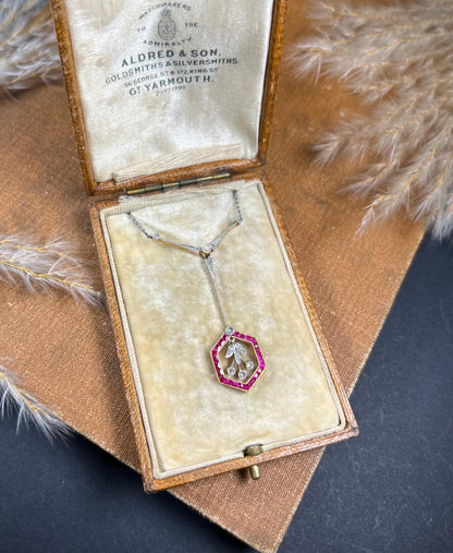 Antique 18ct Gold & Platinum Edwardian, Ruby, Diamond, Pearl Pendant Necklace