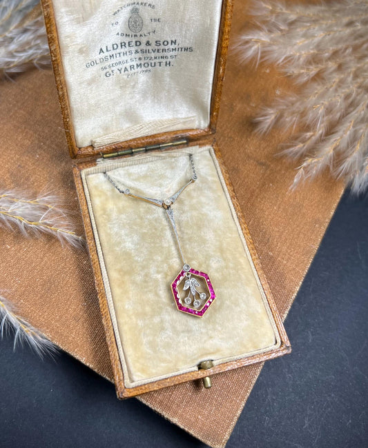 Antique 18ct Gold & Platinum Edwardian, Ruby, Diamond, Pearl Pendant Necklace