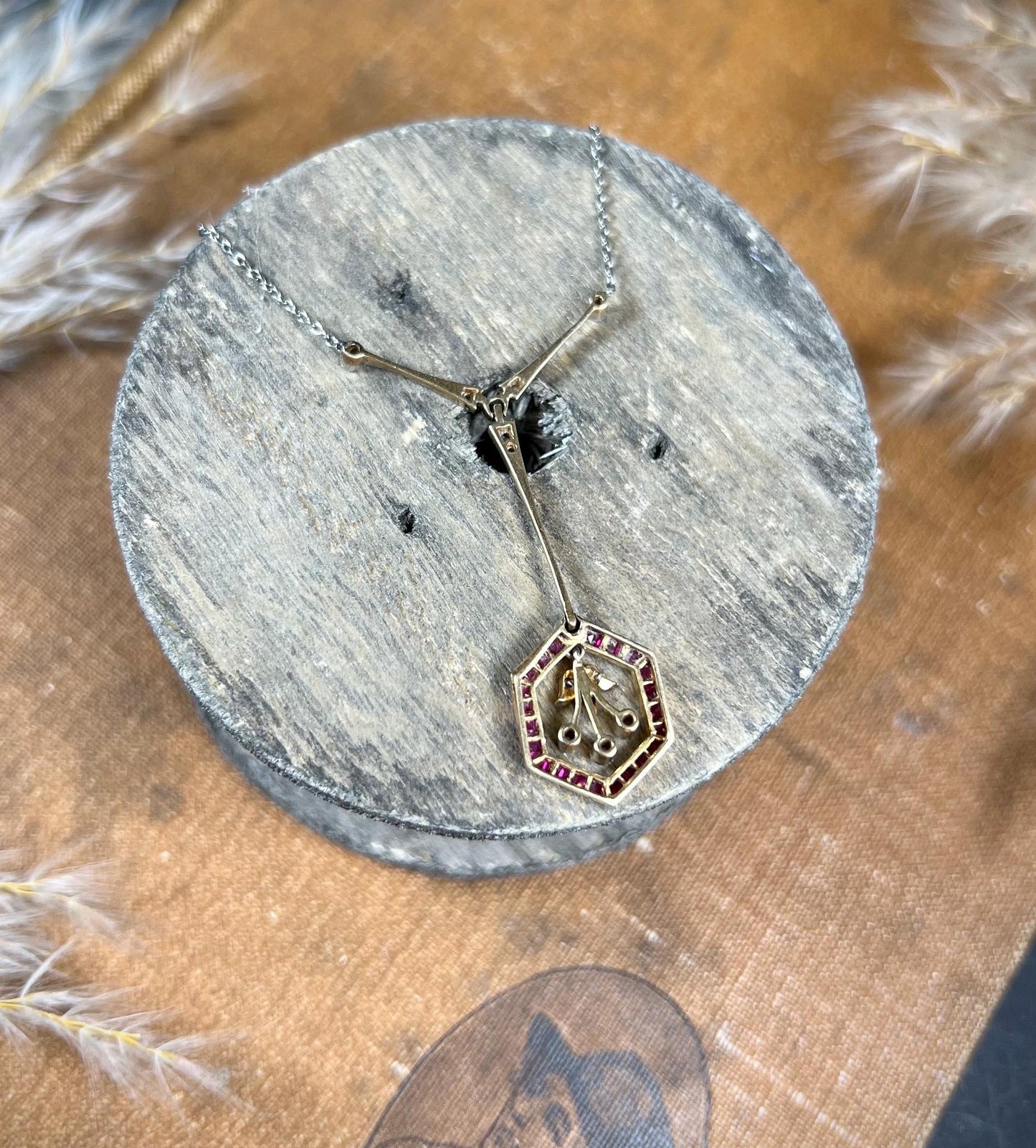 Antique 18ct Gold & Platinum Edwardian, Ruby, Diamond, Pearl Pendant Necklace