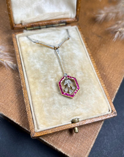 Antique 18ct Gold & Platinum Edwardian, Ruby, Diamond, Pearl Pendant Necklace