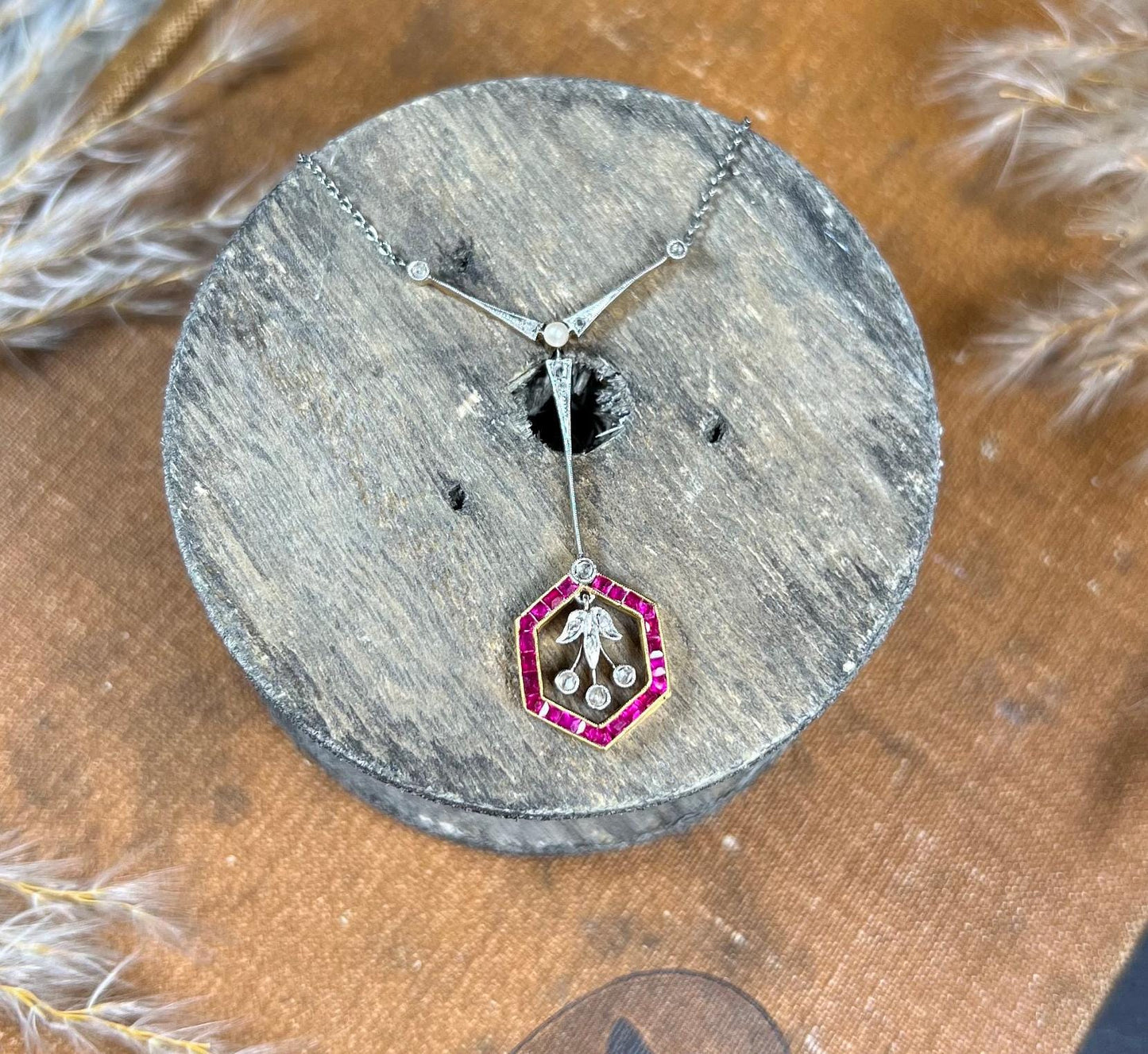 Antique 18ct Gold & Platinum Edwardian, Ruby, Diamond, Pearl Pendant Necklace