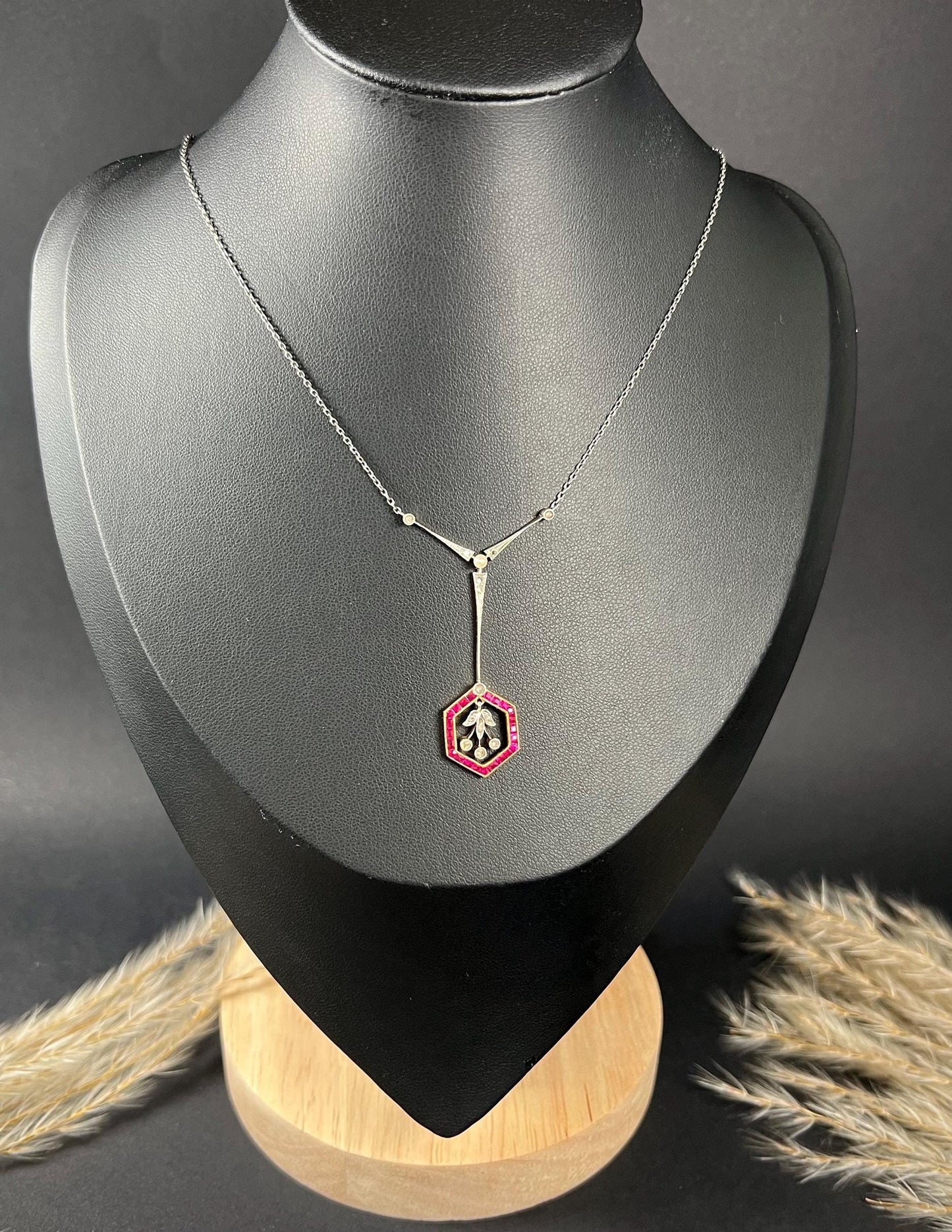 Antique 18ct Gold & Platinum Edwardian, Ruby, Diamond, Pearl Pendant Necklace