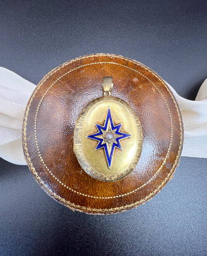 Victorian Pearl And Enamel Oval Locket Pendant In 15 Carat Yellow Gold