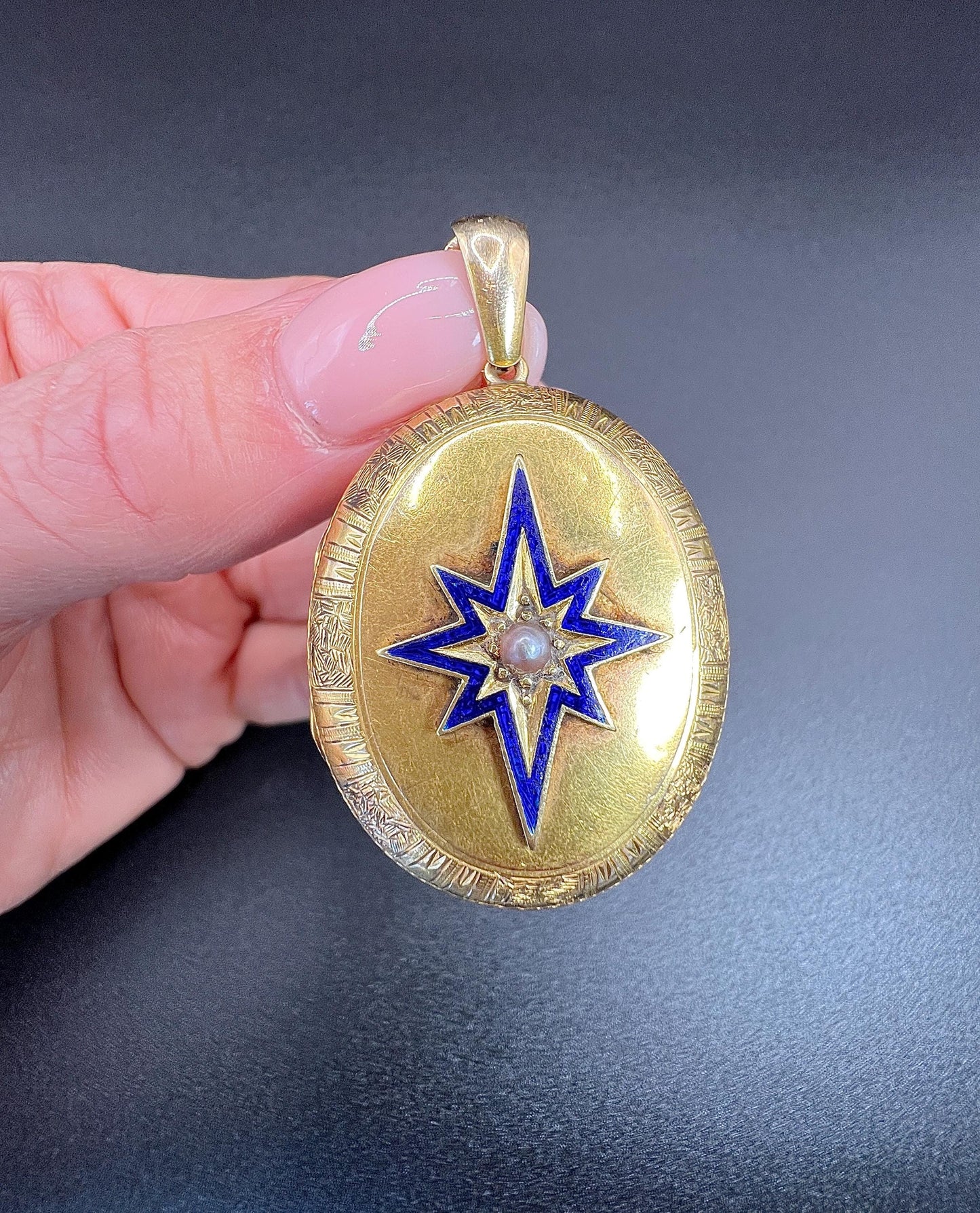 Victorian Pearl And Enamel Oval Locket Pendant In 15 Carat Yellow Gold